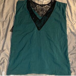 Bisou Bisou Teal Black Lace Detail Sleeveless V-neck Blouse